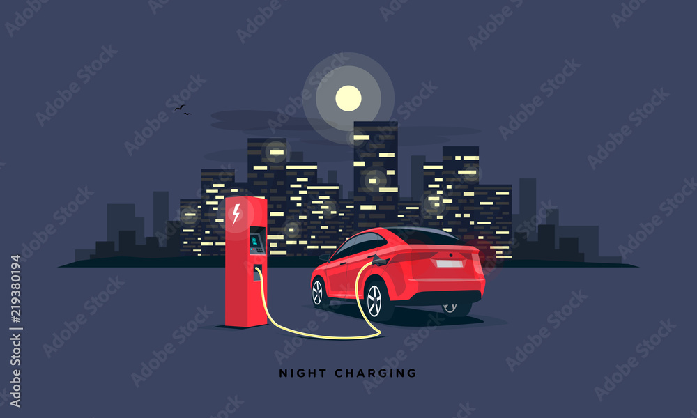 一辆红色电动汽车suv在夜间充电站充电的矢量图
