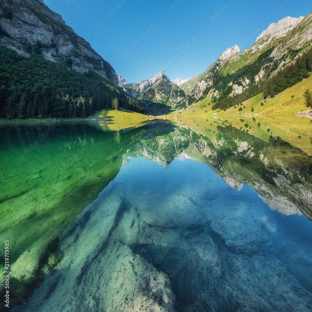 瑞士的山脉和湖泊。水面上的倒影。瑞士的自然景观