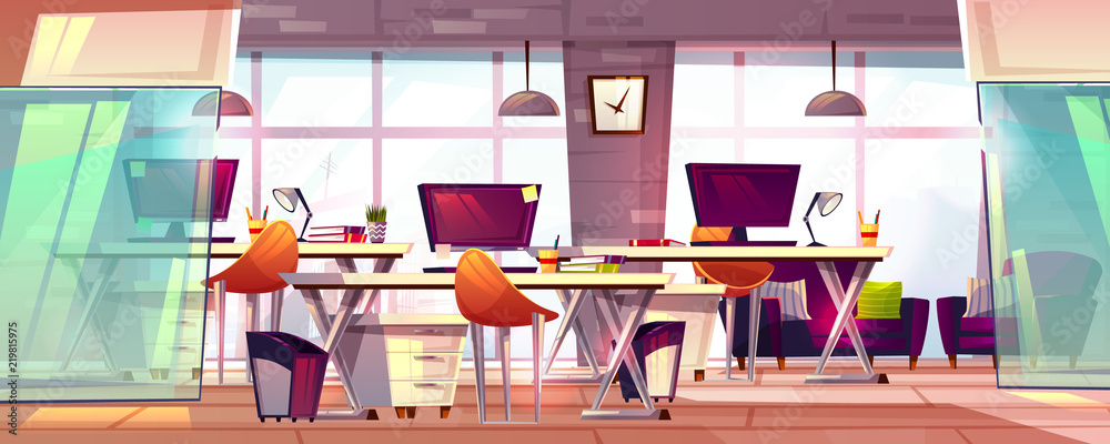 办公室工作空间矢量插图或协同工作业务开放式工作空间内部。卡通现代f