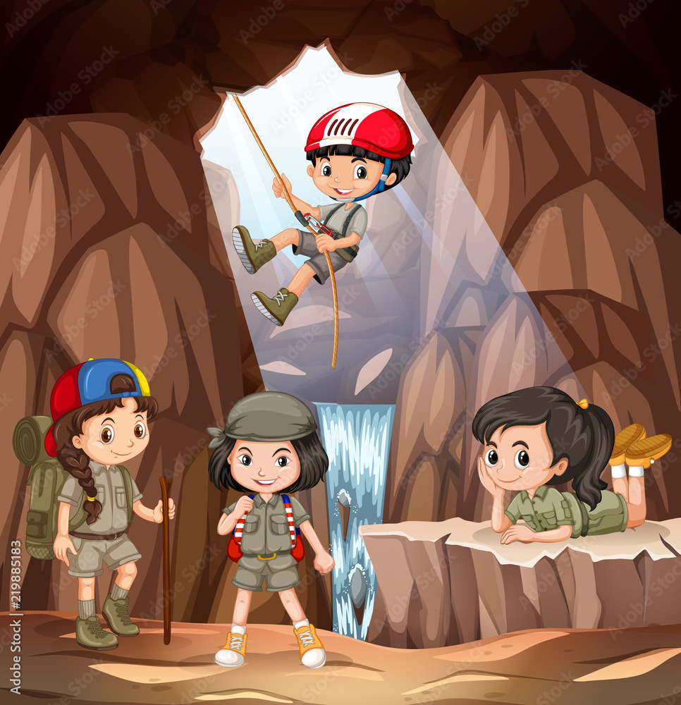 童子军探索洞穴