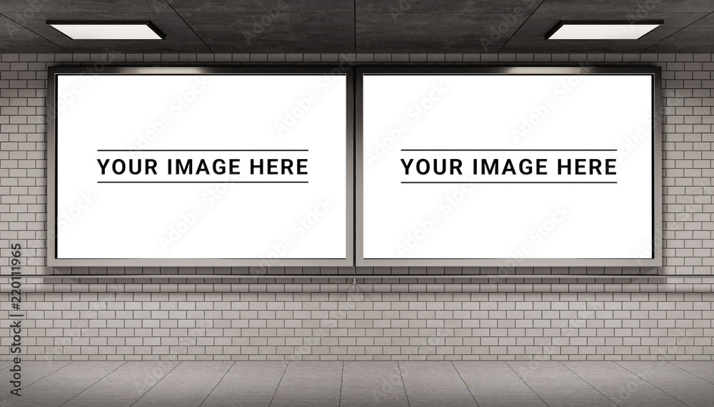 地下地铁站模型中的两个广告牌框架3D渲染