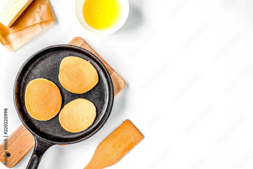 cooking pancake on white background top view ingredients for mak