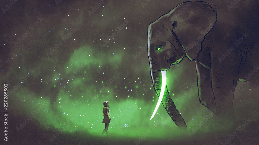 年轻女子面对长着发光的绿色象牙的巨象，数字艺术风格，插图疼痛