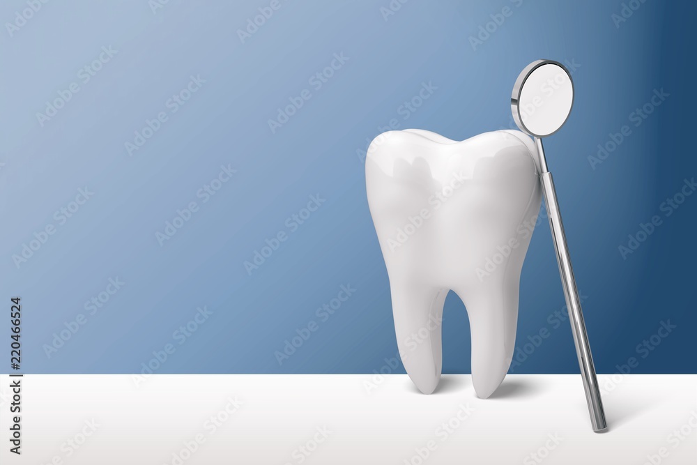 背景是牙医诊所的大牙齿和牙医镜