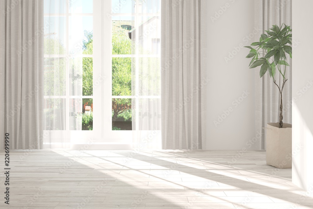 白色空房间，窗户上有夏季景观。斯堪的纳维亚室内设计。3D插图