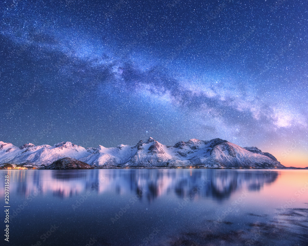 挪威冬季夜晚，明亮的银河系覆盖着白雪覆盖的山脉和海洋。带锡的风景