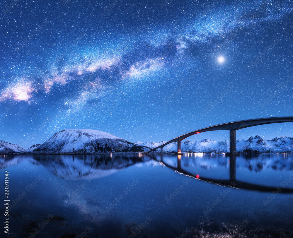 桥和星空，白雪覆盖的山脉上的银河映照在水中。夜景