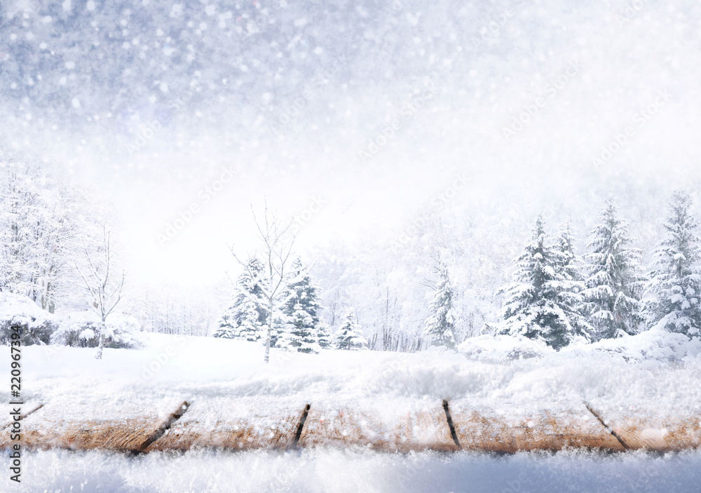 冬季圣诞风景背景与复制空间。森林和森林中散落着雪的木地板