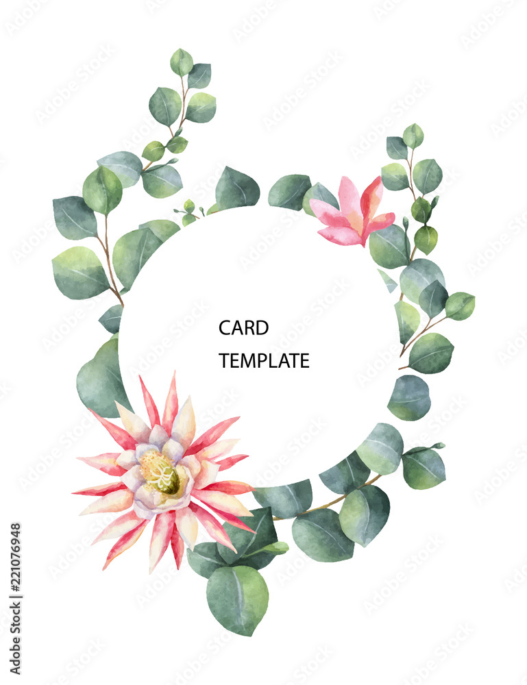 桉树叶子和花朵的水彩矢量卡模板设计。