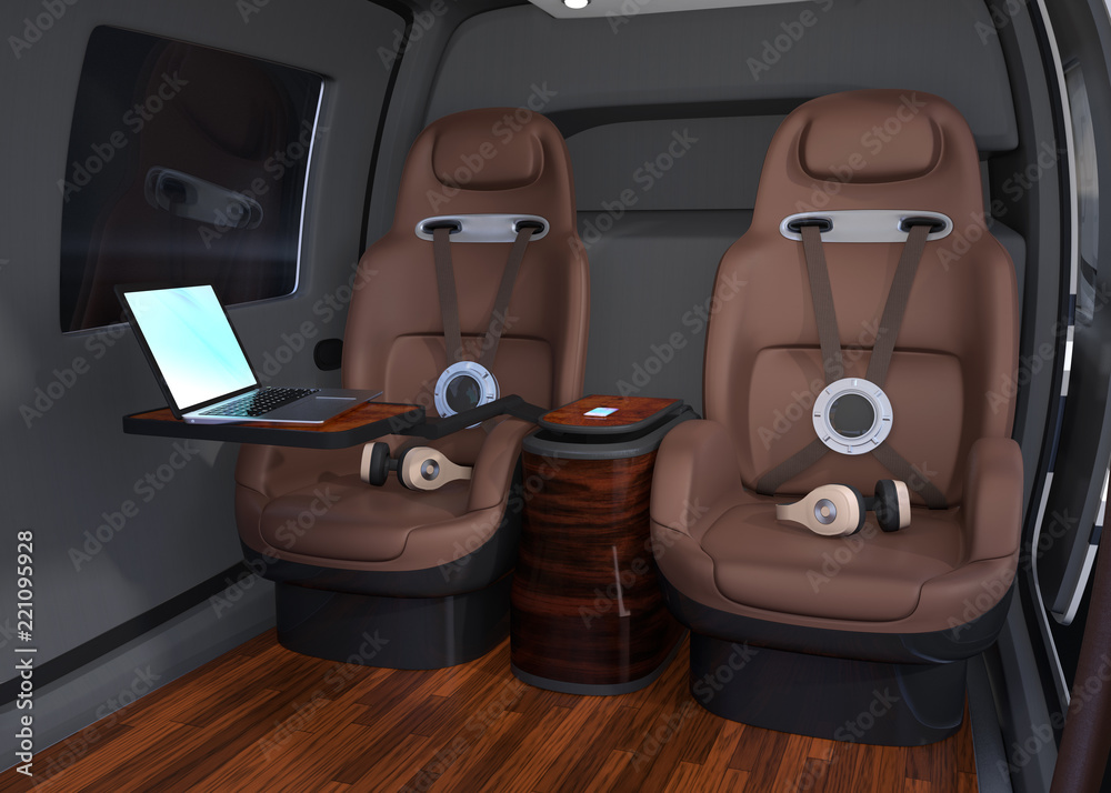乘客无人机内部。乘客座椅上的耳机和小桌子上的笔记本电脑。3D渲染ima