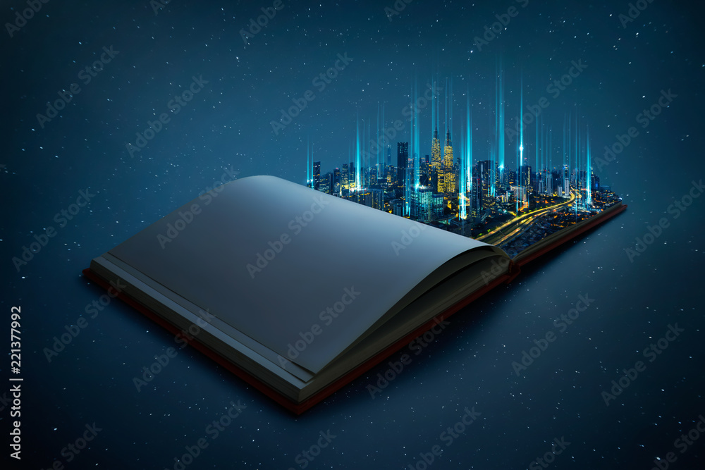用智能大数据线在打开的书页中弹出现代城市天际线的夜景