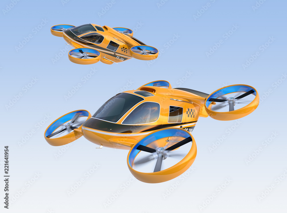 橙色无人机客机在空中飞行。3D渲染图像。