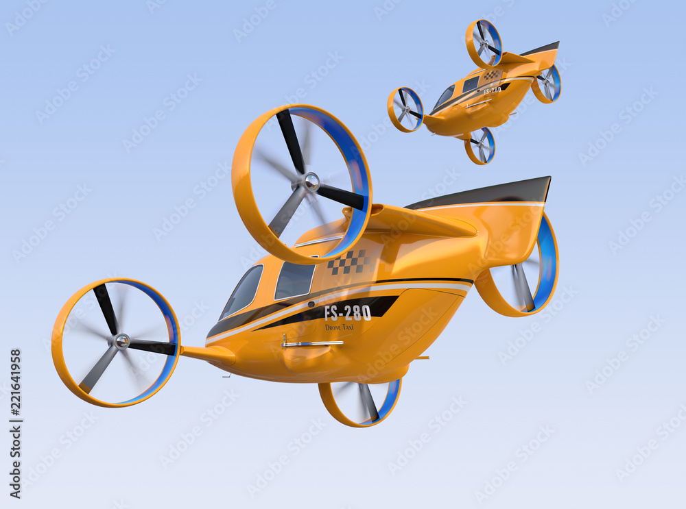 橙色客运无人机出租车在空中飞行。3D渲染图像。
