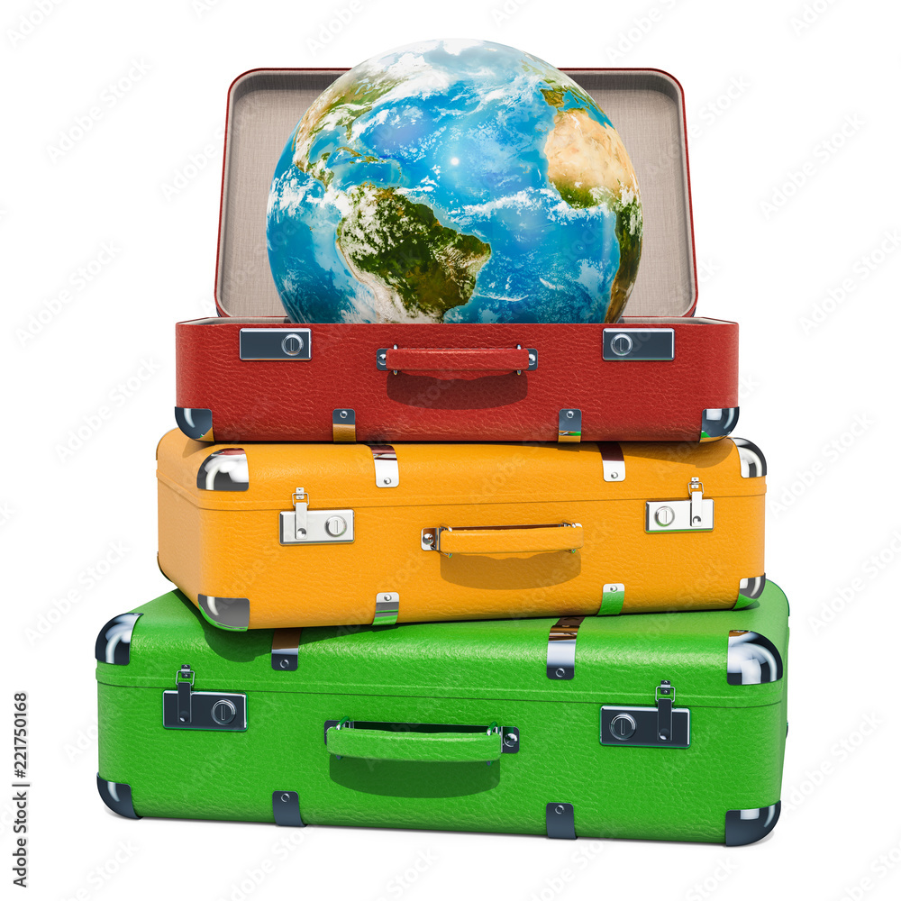 旅行概念，地球地球位于行李箱内的行李堆上。3D渲染