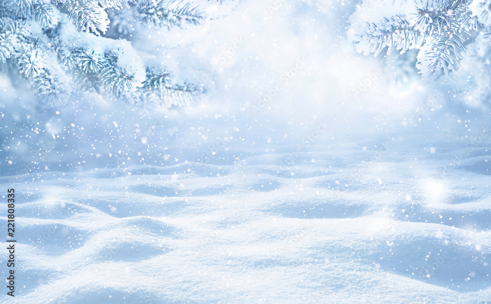 带复制空间的冬季圣诞节风景背景。云杉树枝覆盖的雪地景观