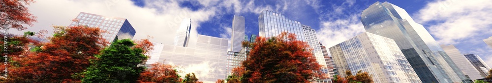秋天的摩天大楼、现代的高层建筑和秋天的树木与云彩相映