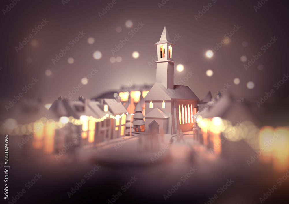 一个节日的圣诞市中心，在平安夜有一座教堂，有发光的路灯和礼仪