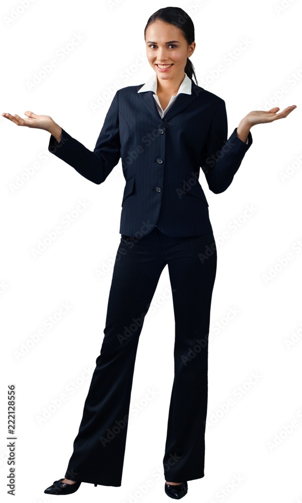 Friendly Businesswoman Standing and Holding Invisible Object -