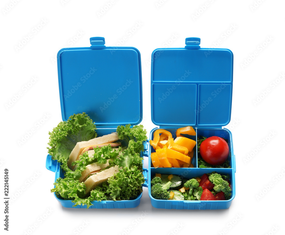 Food for schoolchild in lunch boxes on white background