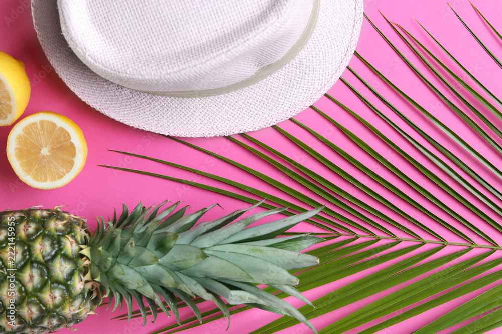 色彩背景上有新鲜热带树叶、水果和沙滩帽的夏季构图