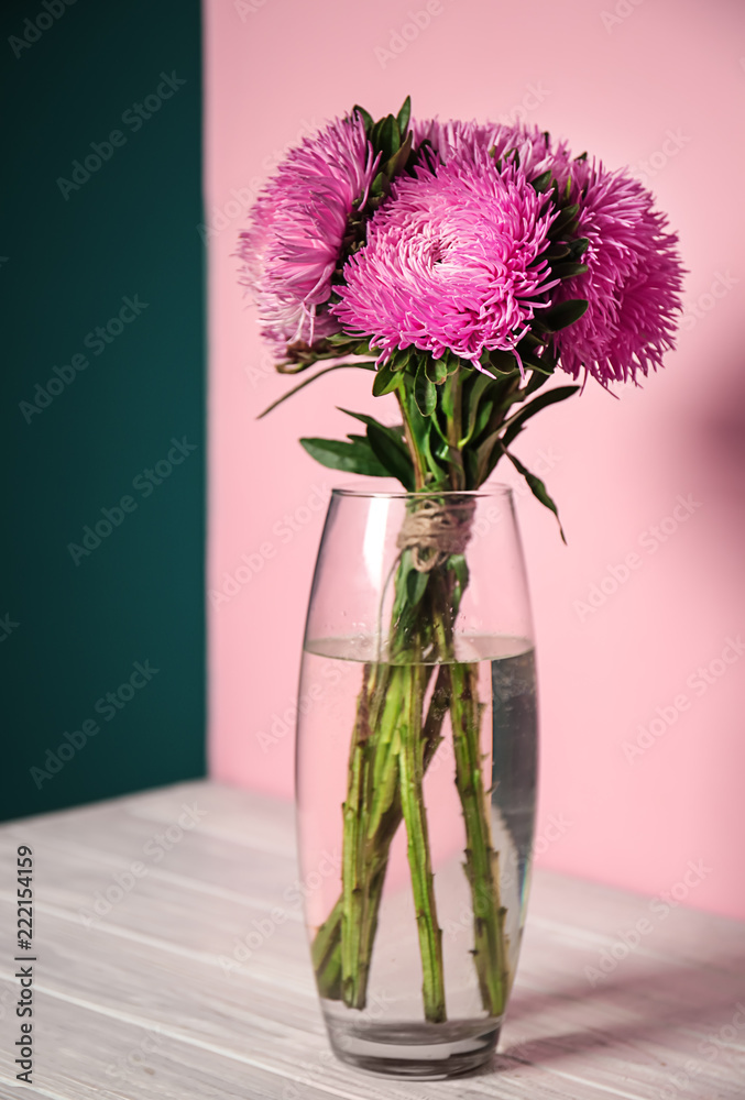 桌子上靠着彩色墙壁的花瓶上有美丽的菊花