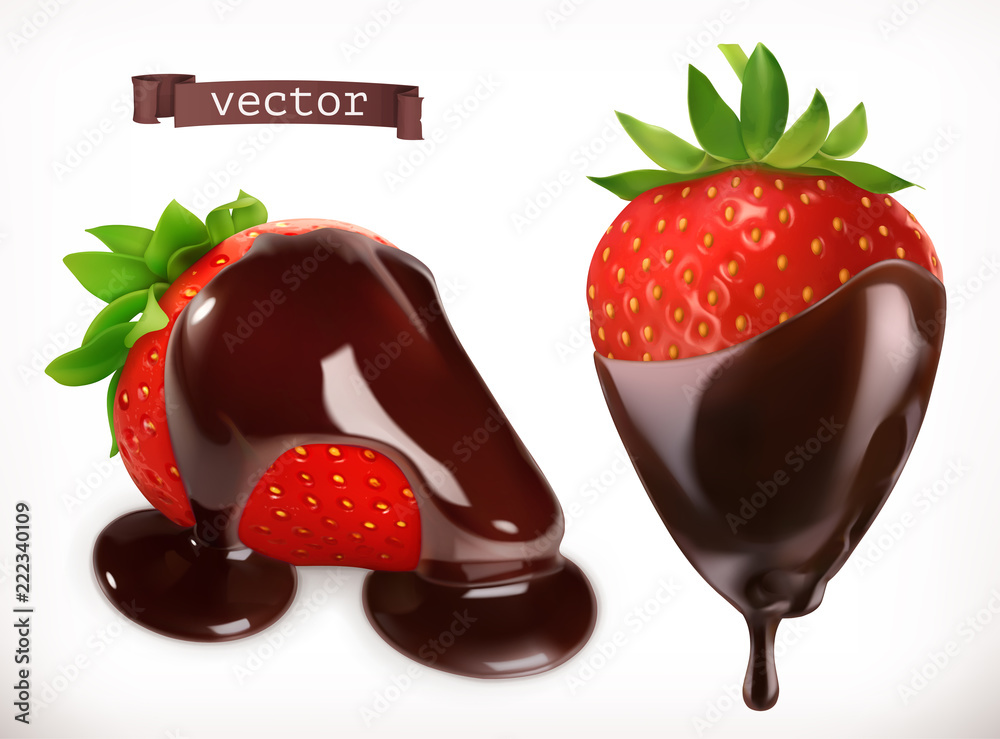 巧克力草莓。三维逼真矢量图标