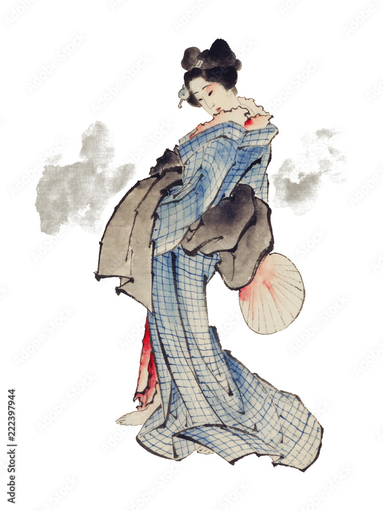 北谷胜彦的日本传统浮世绘风格和服女性插图