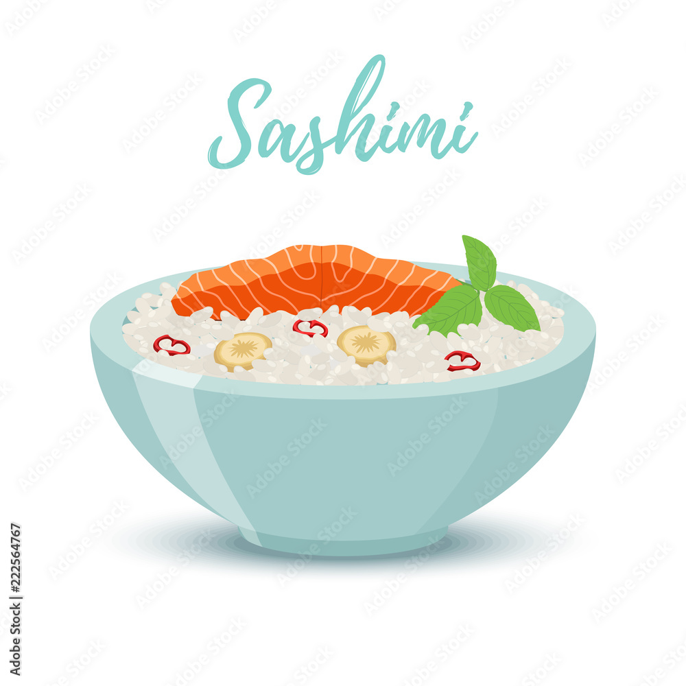 Vector Japan food - sashimi in blue bowl. Salmon