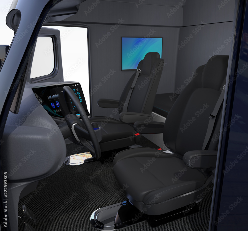 自动卡车内饰，黑色座椅和壁挂式显示器，全尺寸床。3D渲染ima