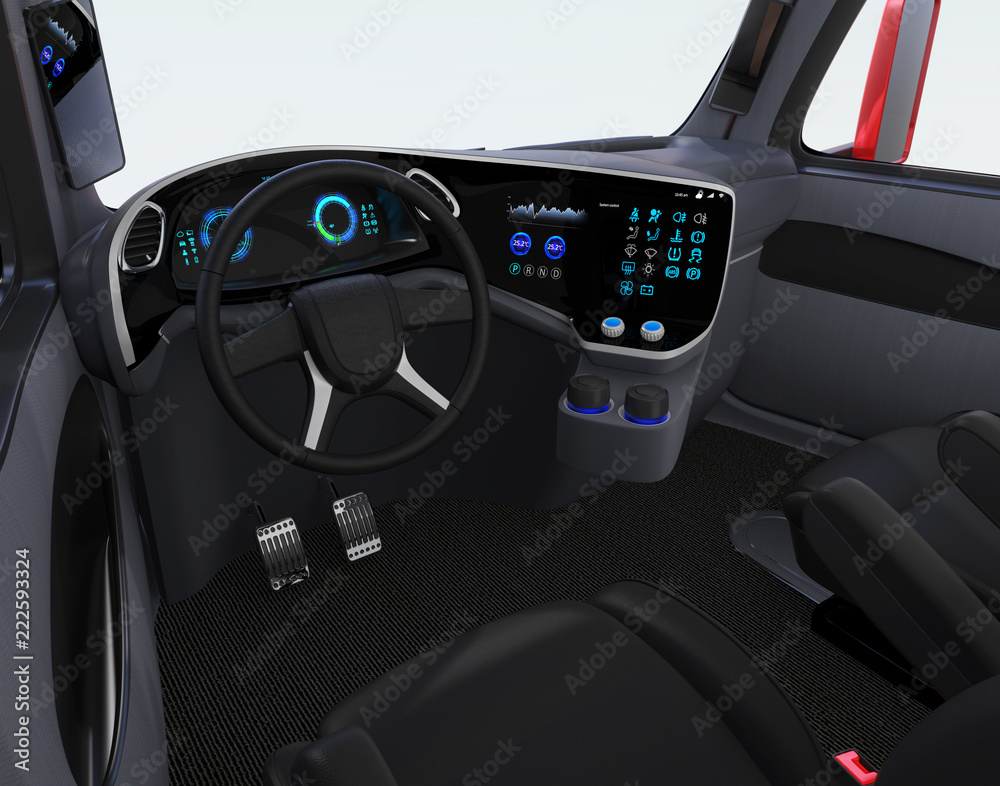 带黑色座椅和触摸屏仪表板的自动驾驶卡车内部。3D渲染图像。