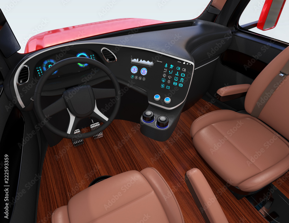 棕色座椅和地板的自动驾驶卡车内部。3D渲染图像。