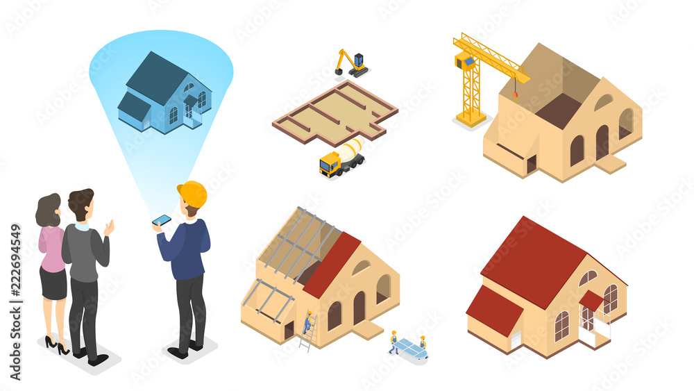 Workers building a large wooden house illustration