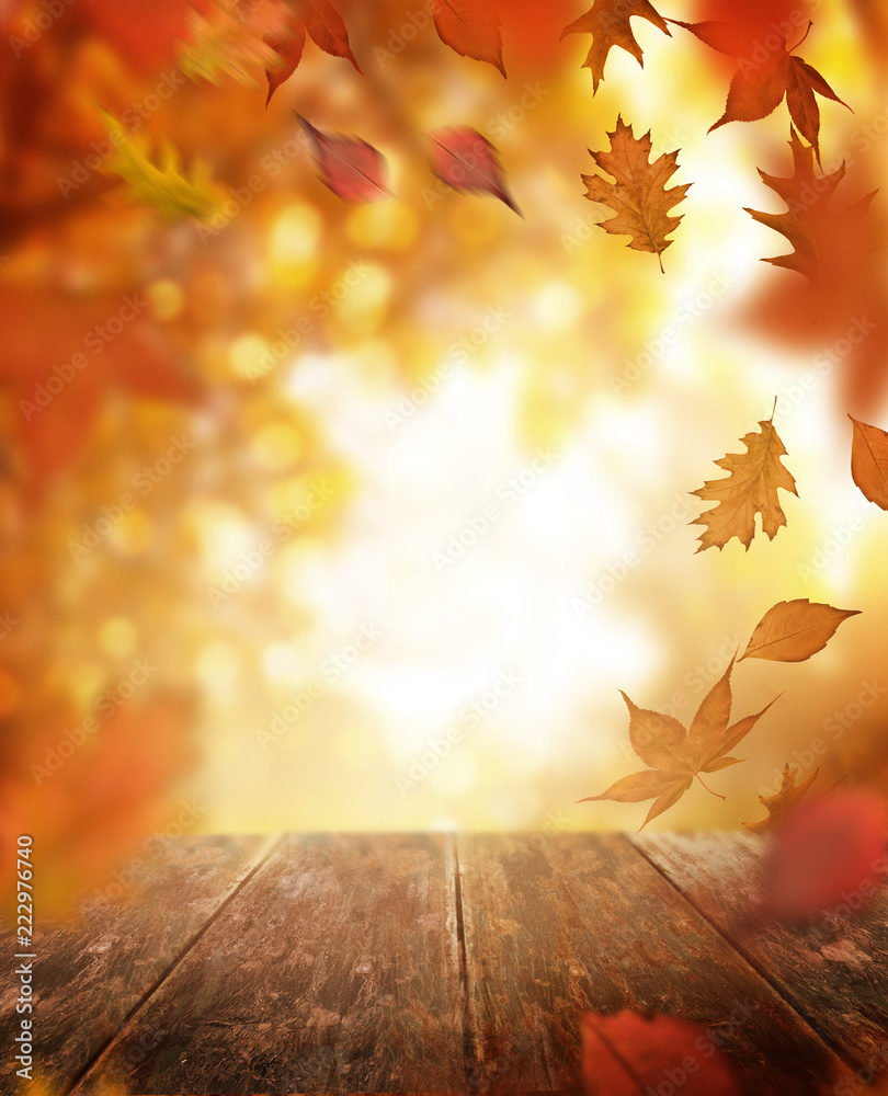 秋天的落叶和木桌