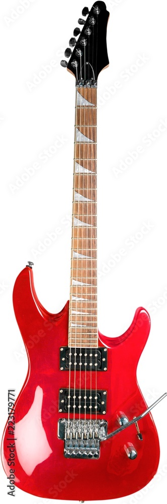 白色背景下隔离的红色吉他特写