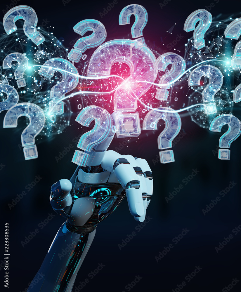 Cyborg solving problem with digital question marks 3D rendering