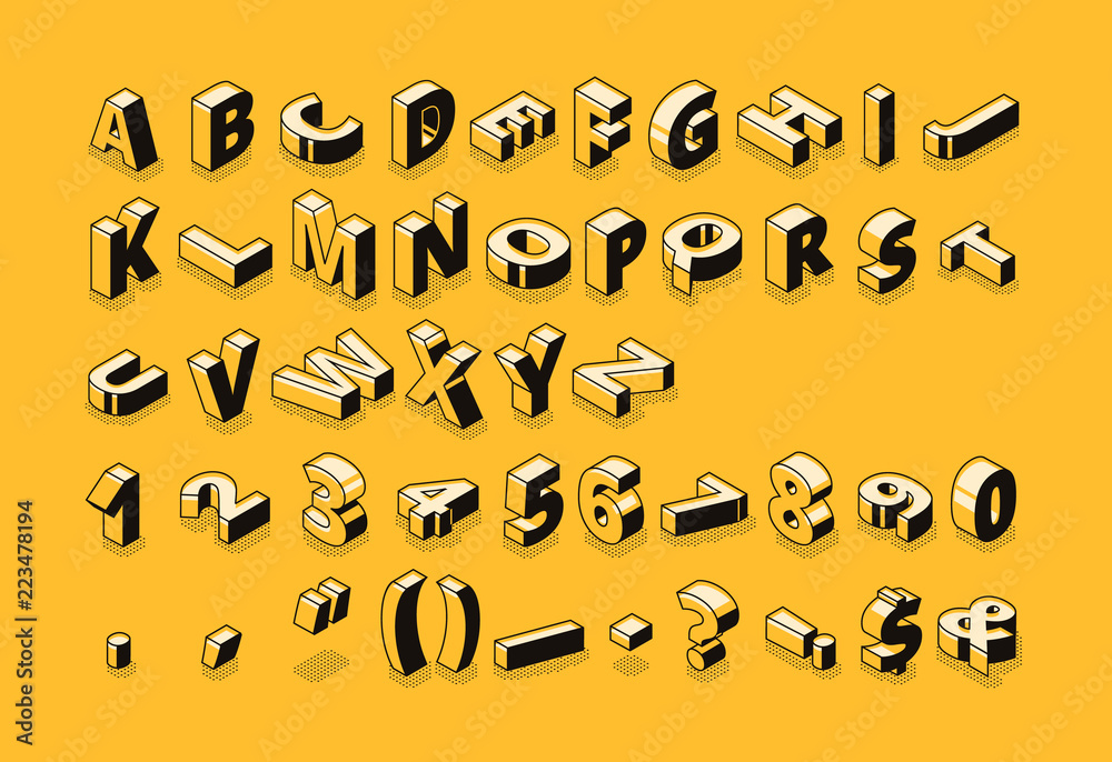 细线卡通抽象字母排版的等距字母半色调字体矢量插图