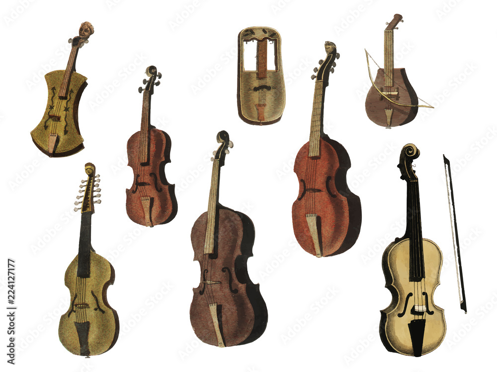 Musik（1850）在哥本哈根出版，小提琴、古典吉他和长笛的经典插图