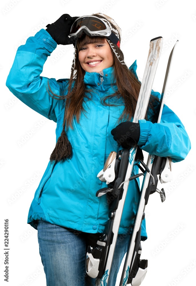 携带滑雪的女性-隔离