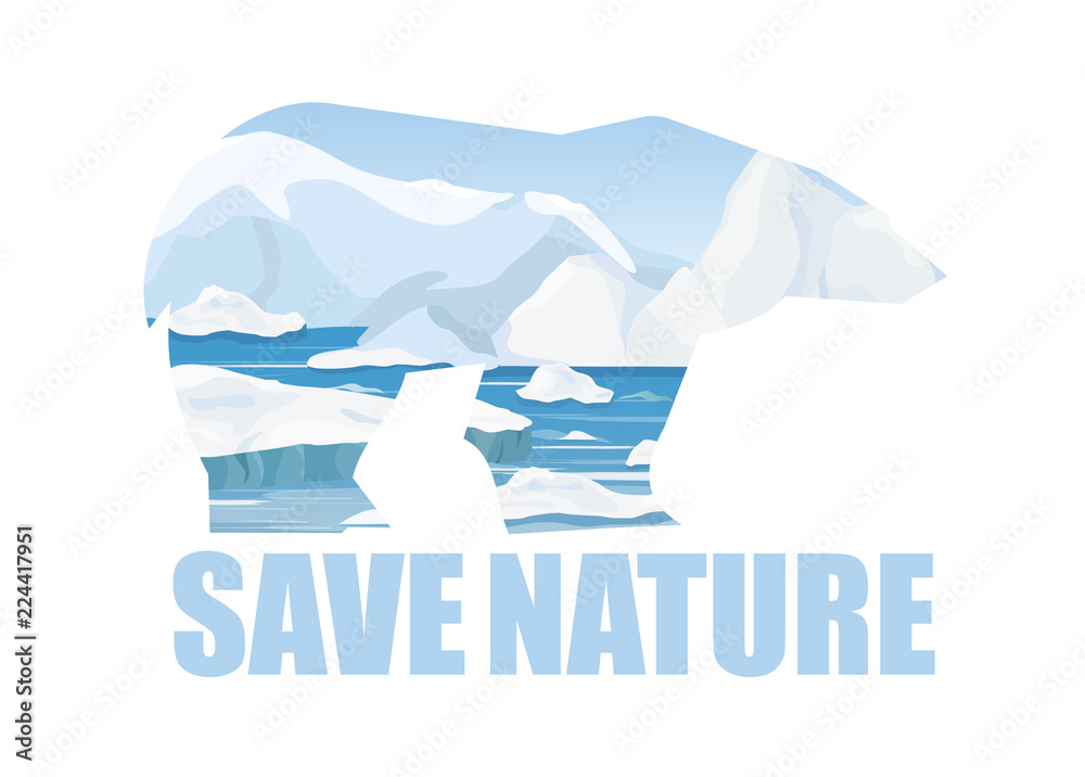 Vector illustration concept of saving Arctick nature. Arctic bear silhouette and arctic landscape ba