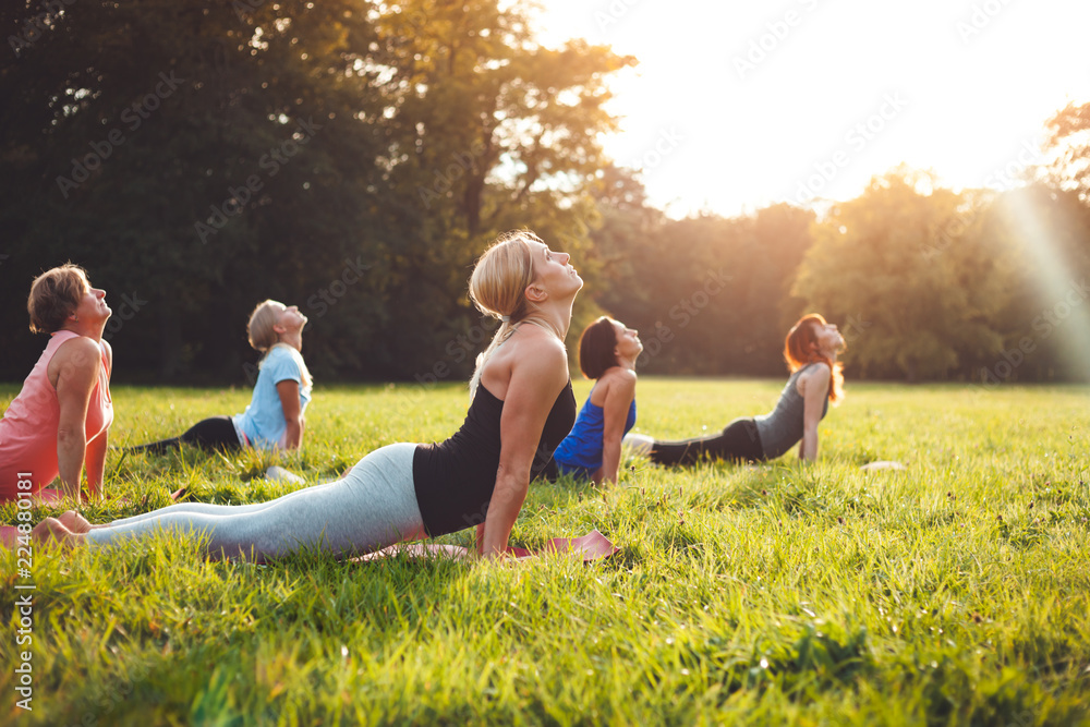 日落时在公园外练习瑜伽的混合年龄组