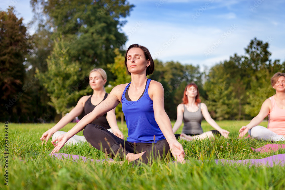 公园里的瑜伽，中年妇女与一群混合年龄的人一起锻炼