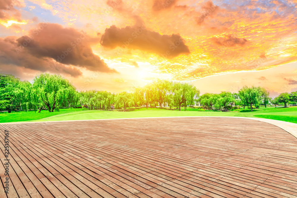 日落时的木质广场地板和绿色森林自然景观