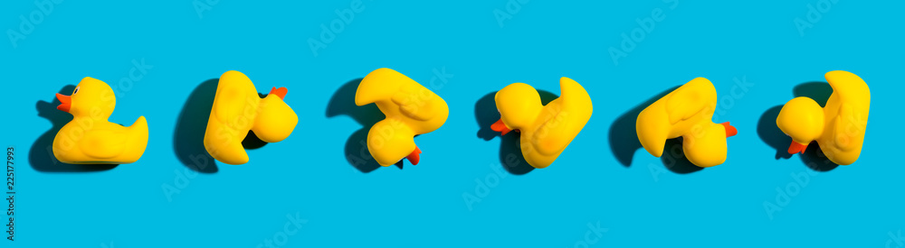 蓝色背景下的黄色橡胶鸭收藏