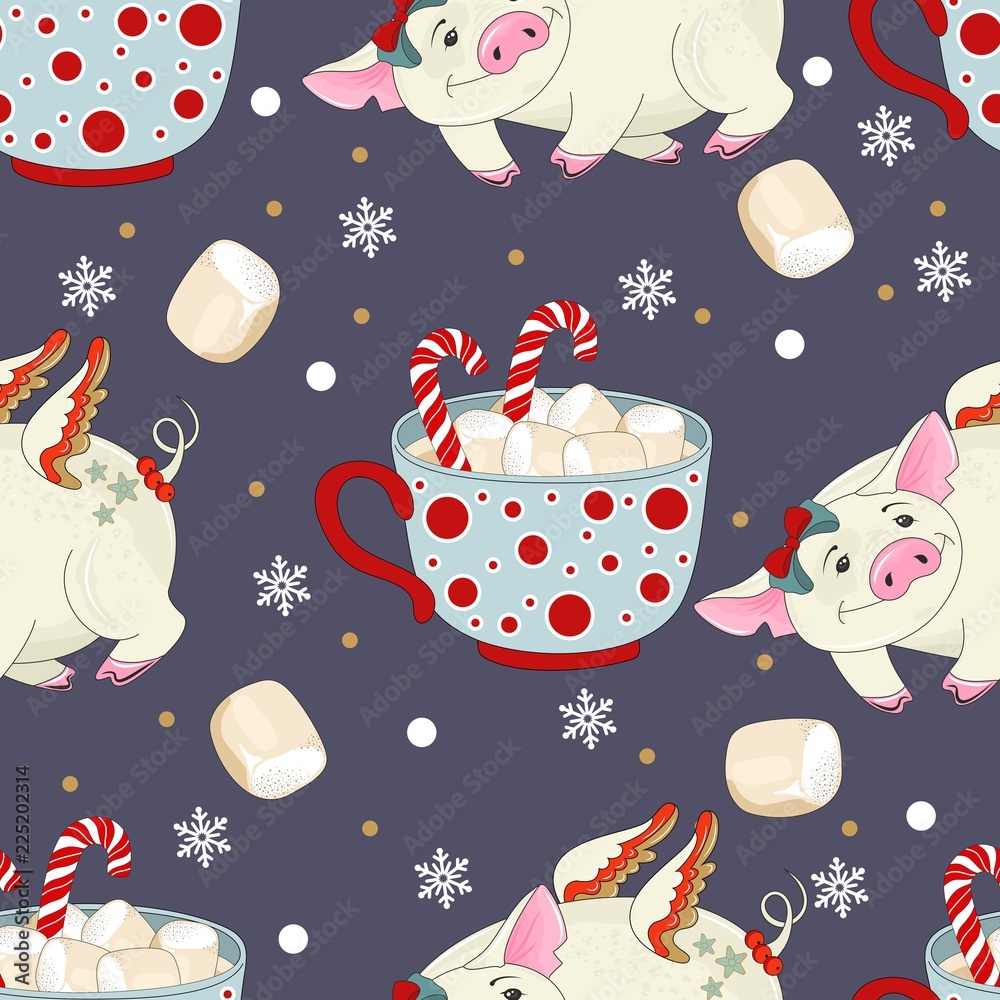 冬季背景上带有圣诞猪的无缝图案。用于在织物、明信片和纸张上打印。