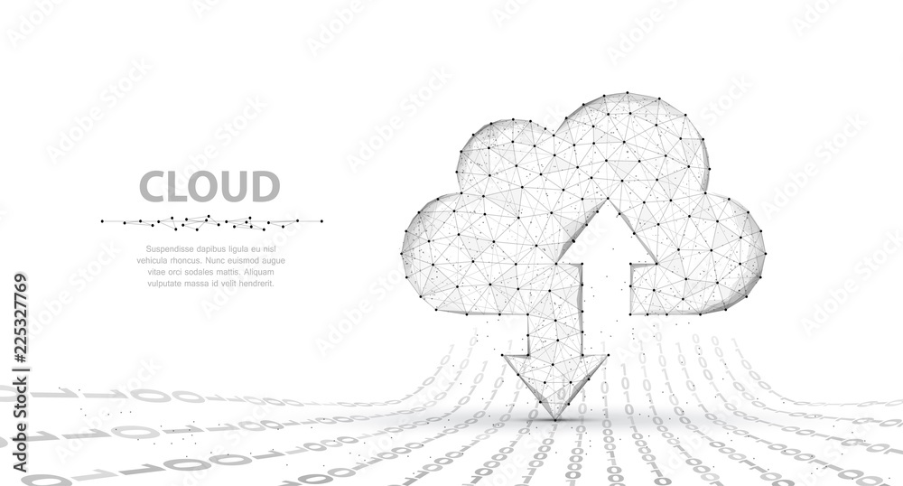 云技术。抽象多边形线框云存储标志，带有上下两个箭头隔离