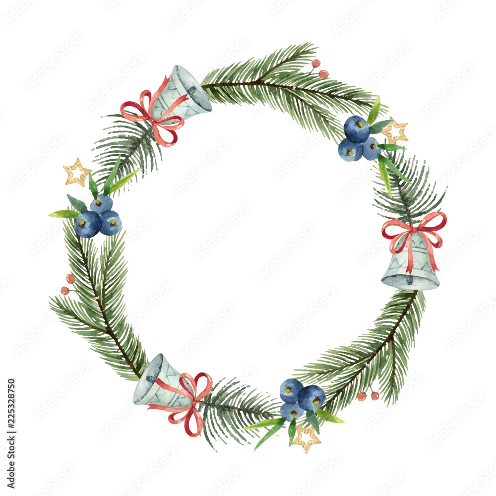 水彩矢量圣诞花环，带有冷杉树枝和文字位置。