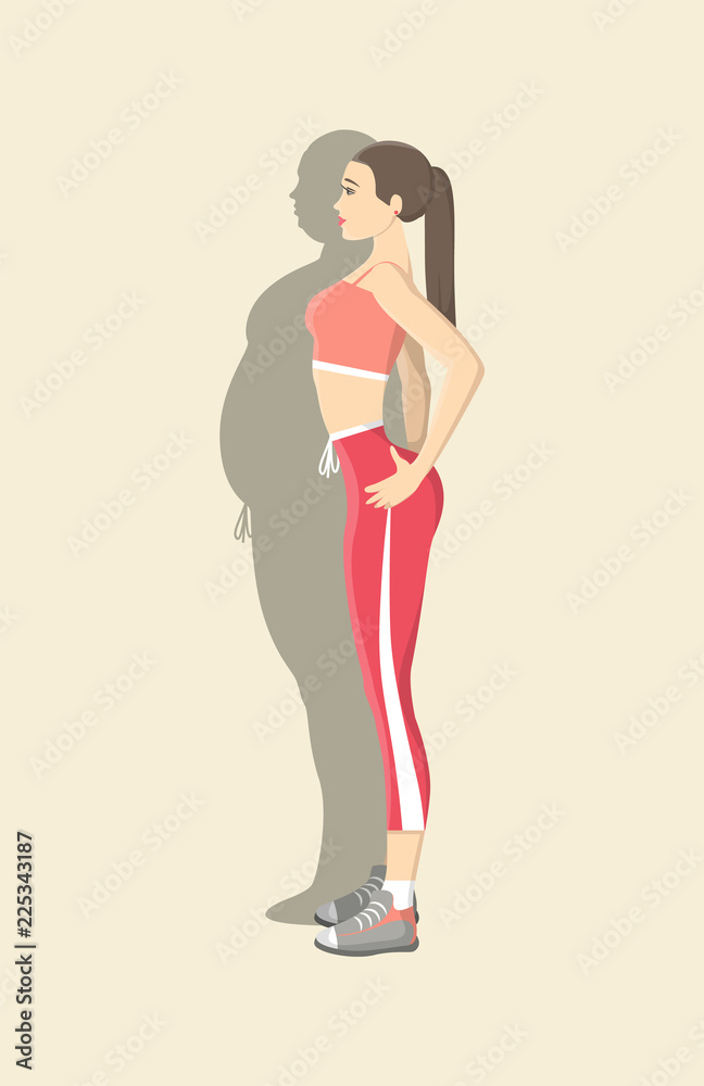 身材苗条的女人站在肥胖的阴影下
