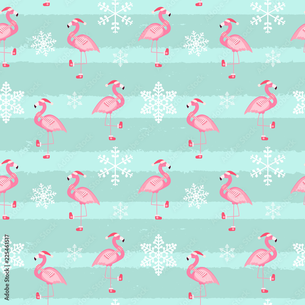 可爱的粉色火烈鸟新年和圣诞节无缝图案背景矢量插图