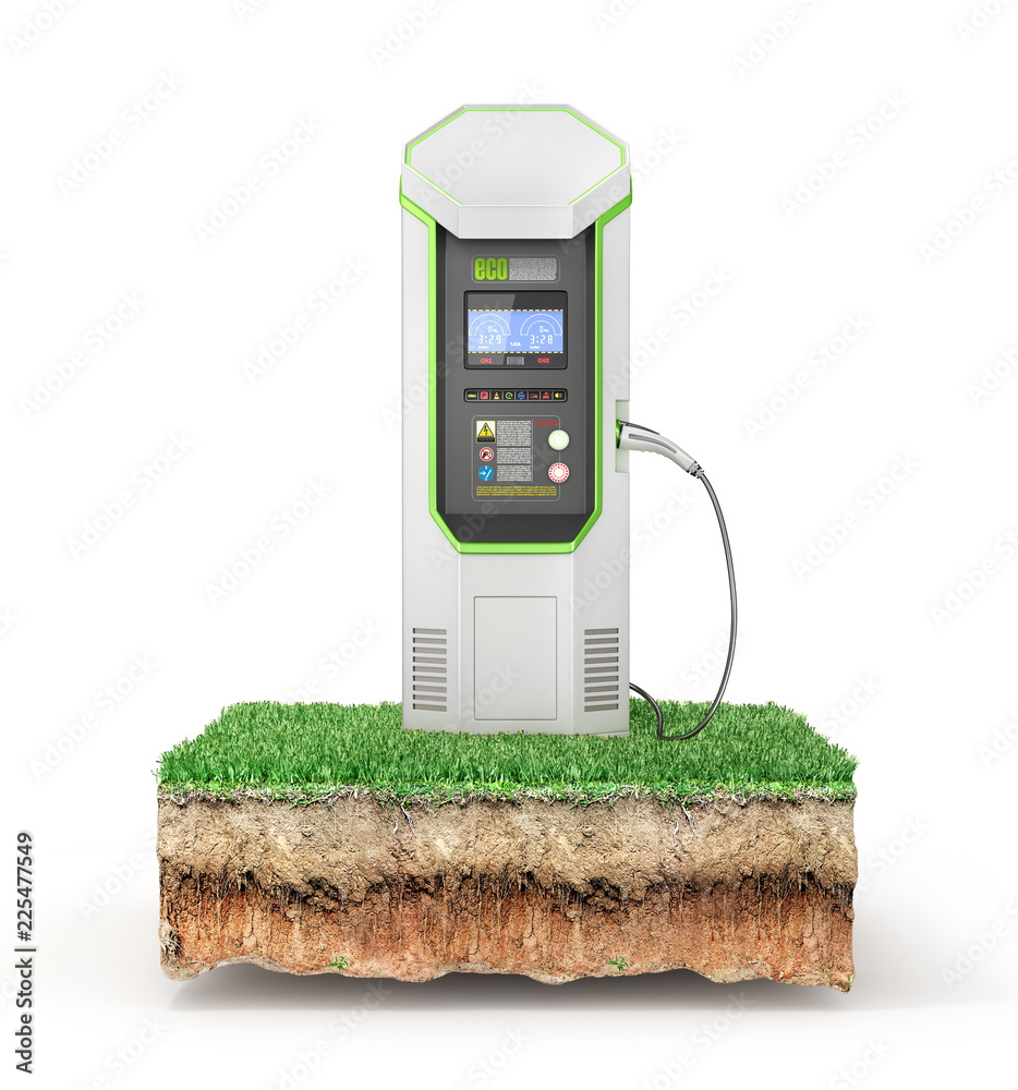 在草地上实现零排放的电动汽车充电站。3d插图