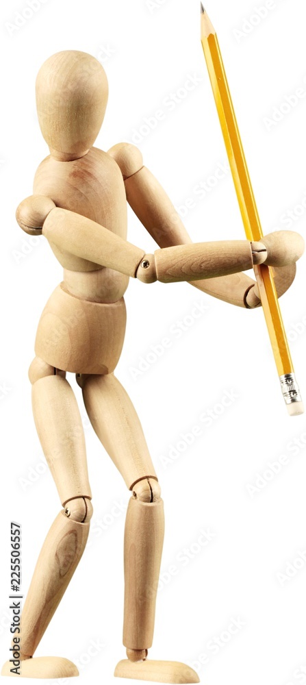 白色背景上隔离的带铅笔的木制人形